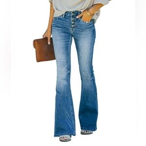 High-Rise Button-Fly Flare Jeans - Blue
